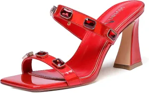 vivianly Women's Sandals Two Strap High Heels Slip On Rhinestone High Heeled Sandal Square Open Toe Heels Sexy for Party Wedding Shoes