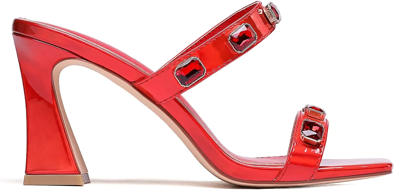 vivianly Women's Sandals Two Strap High Heels Slip On Rhinestone High Heeled Sandal Square Open Toe Heels Sexy for Party Wedding Shoes