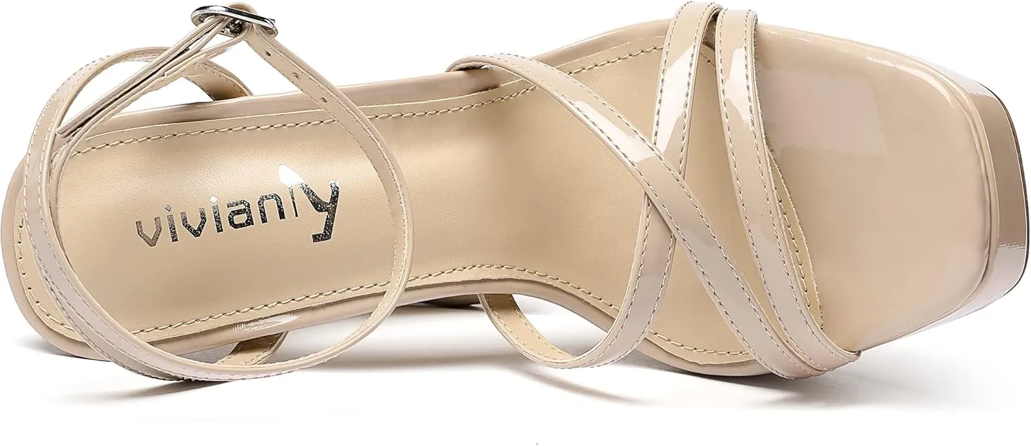 vivianly Women's Square Toe Platform High Heels Ankle Strap Chunky Block Heeled Sandals