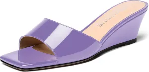 WAYDERNS Women's Patent Open Toe Dating Fashion Slip On Square Toe Wedge Low Heel Sandals 2 Inch