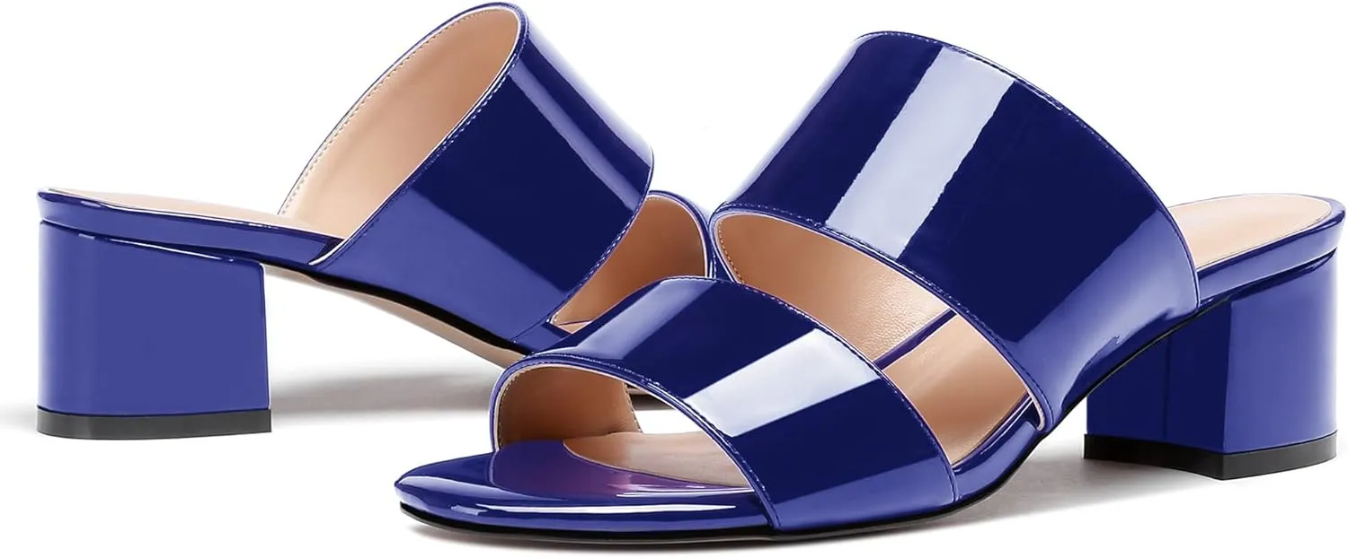 WAYDERNS Women's Slip On Open Toe Patent Chunky Low Heel Slides Two Piece Sandals 2 Inch