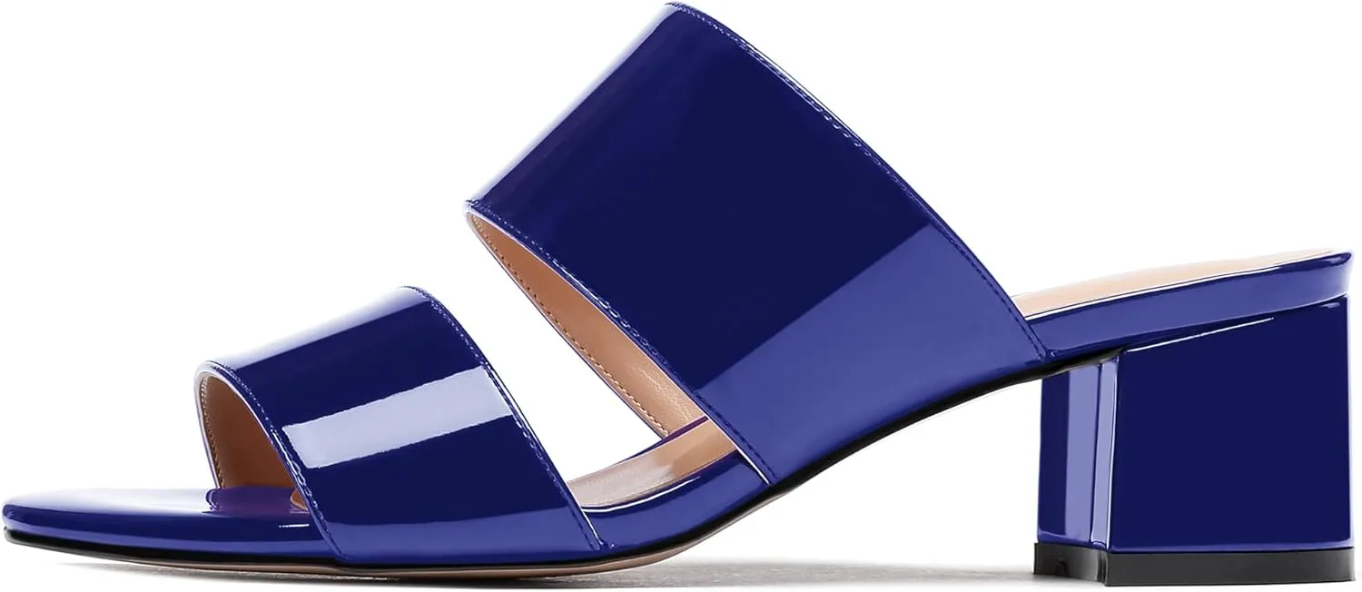 WAYDERNS Women's Slip On Open Toe Patent Chunky Low Heel Slides Two Piece Sandals 2 Inch