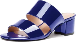 WAYDERNS Women's Slip On Open Toe Patent Chunky Low Heel Slides Two Piece Sandals 2 Inch