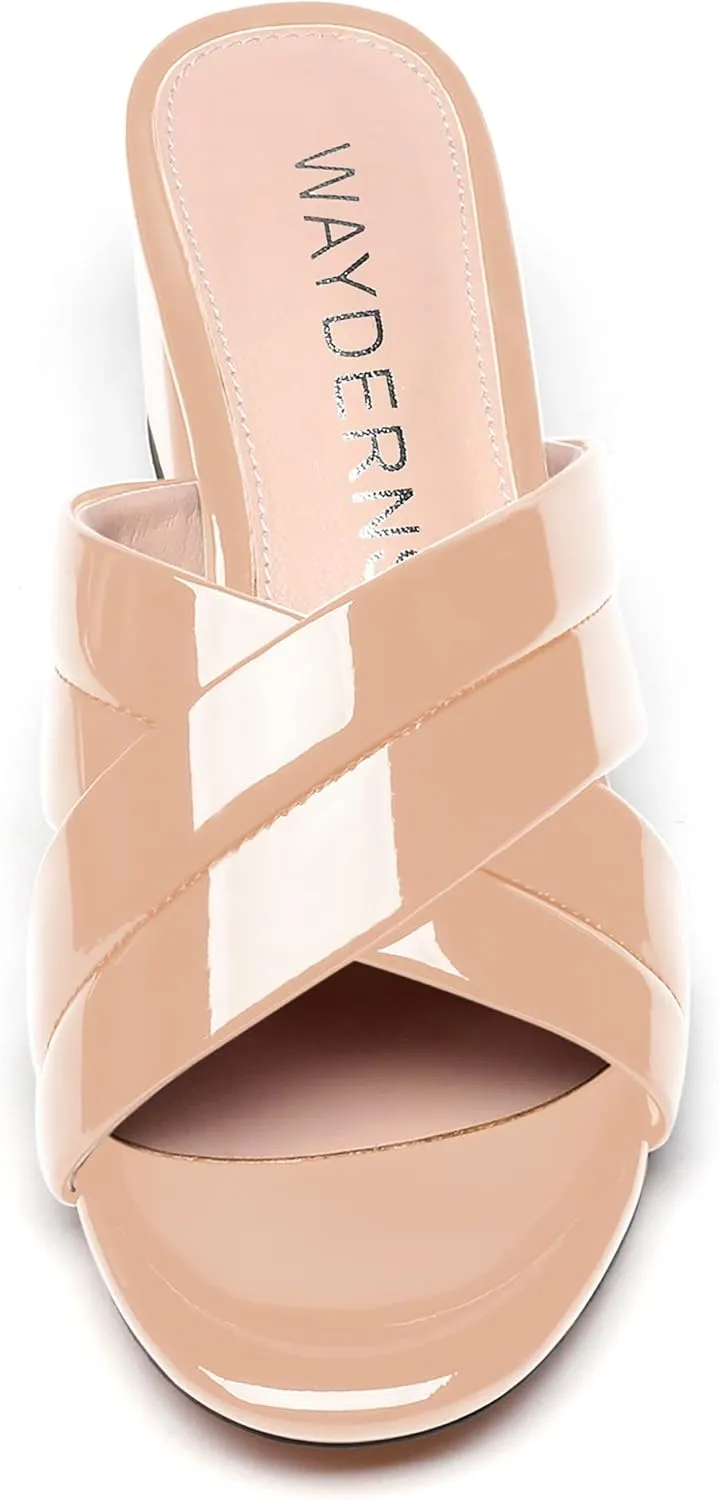 WAYDERNS Women's Summer Patent Leather Slip On Open Toe Chunky Block Low Heel Slides Sandals 2 Inch