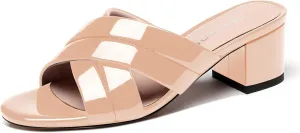 WAYDERNS Women's Summer Patent Leather Slip On Open Toe Chunky Block Low Heel Slides Sandals 2 Inch