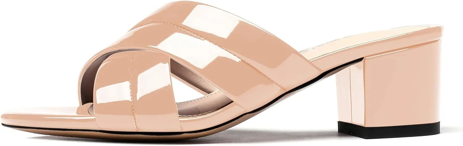 WAYDERNS Women's Summer Patent Leather Slip On Open Toe Chunky Block Low Heel Slides Sandals 2 Inch
