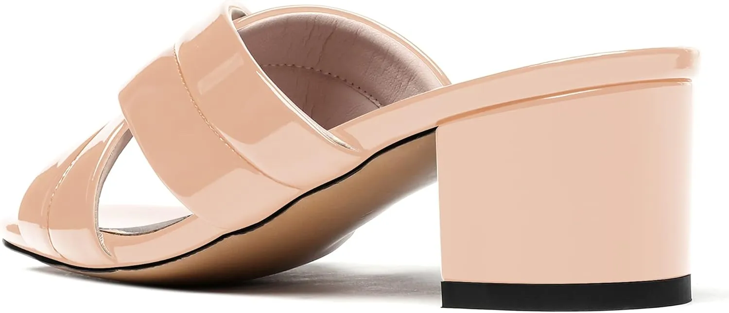 WAYDERNS Women's Summer Patent Leather Slip On Open Toe Chunky Block Low Heel Slides Sandals 2 Inch