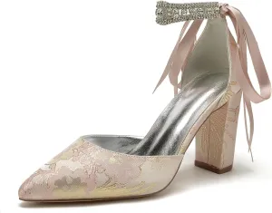 Wedding Shoes for Bride Closed Toe Block Heel Womens High Heels Pointed Toe Pumps Bridal Shoes Bowknot Strap Pearl Sandals Floral Satin Evening,Pink,11
