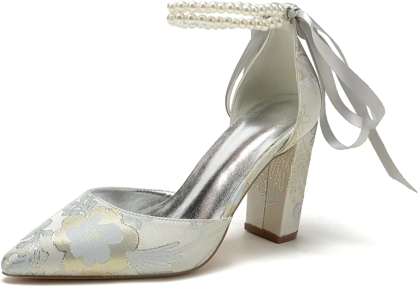 Wedding Shoes for Bride Closed Toe Block Heel Womens High Heels Pointed Toe Pumps Bridal Shoes Bowknot Strap Pearl Sandals Floral Satin Evening,Silver,8.5