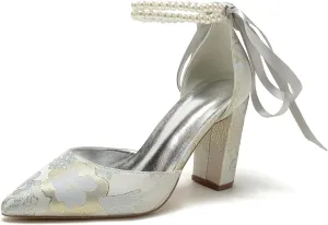 Wedding Shoes for Bride Closed Toe Block Heel Womens High Heels Pointed Toe Pumps Bridal Shoes Bowknot Strap Pearl Sandals Floral Satin Evening,Silver,8.5