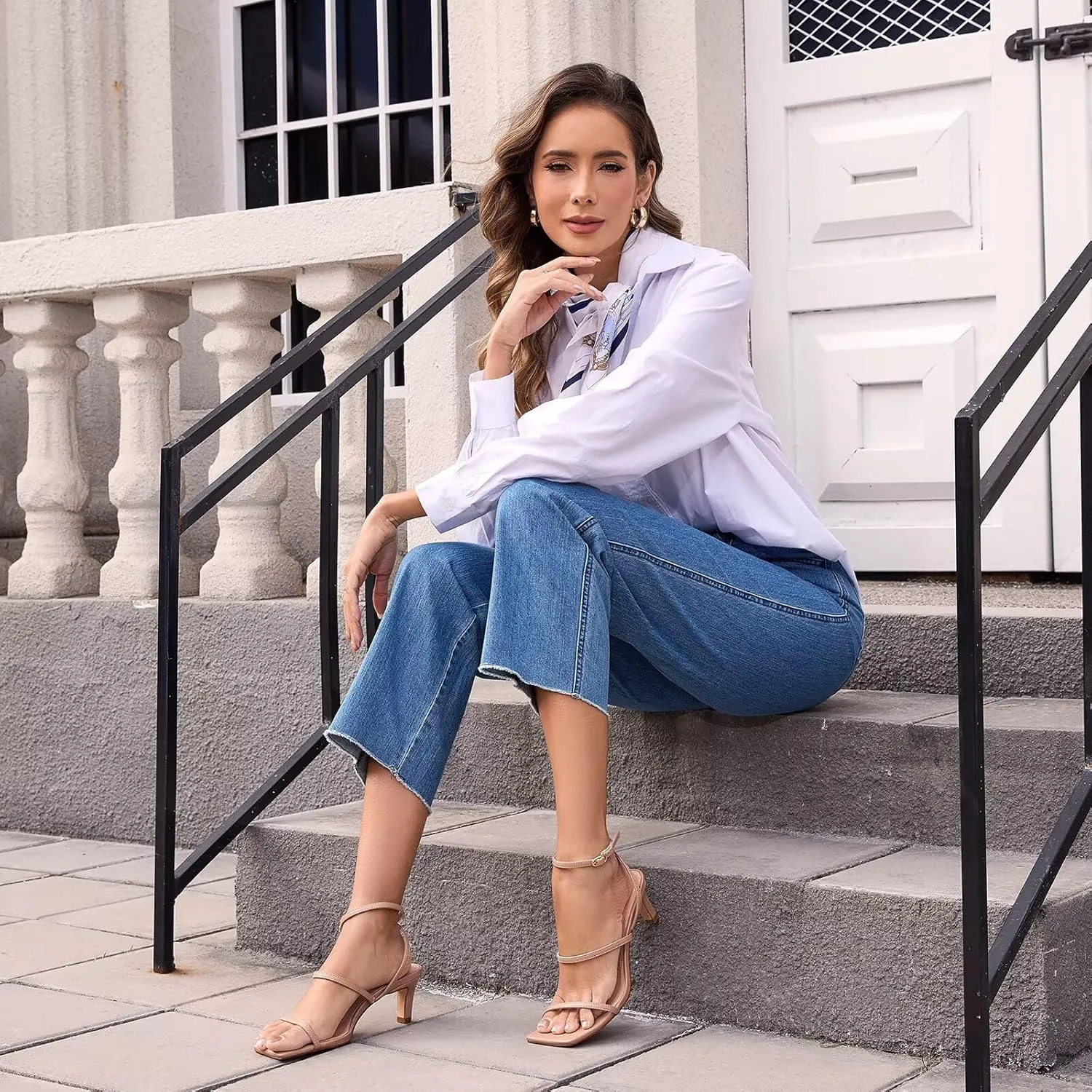 wetkiss Low Heel Kitten Strappy Heels for Women with Square Toe Ankle Strap Heeled Sandals for Dress Wedding Party Club Date Work