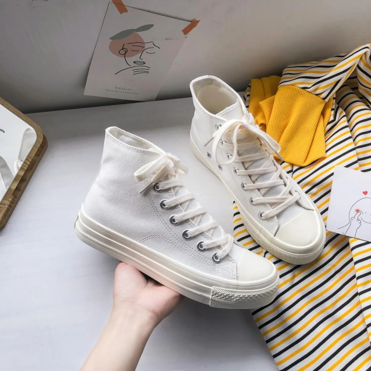 White Canvas Sneakers for Women – Classic 1970s Style Ulzzang High Top & Low Top Shoes, Breathable Korean Summer Streetwear