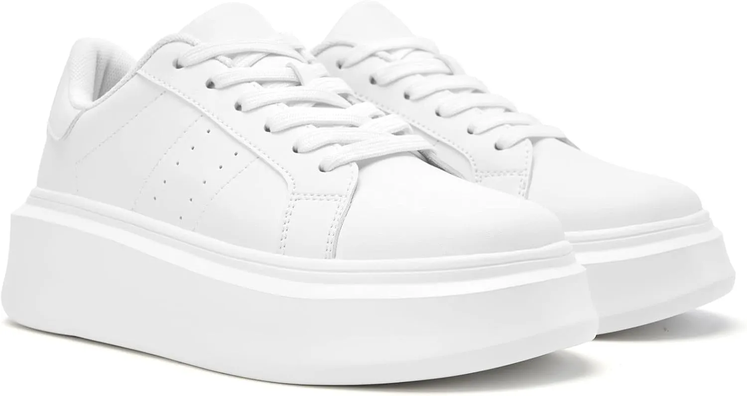 White Platform Sneakers for Women - Ultra Lightweight Classic Leather Walking Tennis Shoes Comfortable Lace Up Fashion Casual Shoes for Indoor Outdoor Travel Work