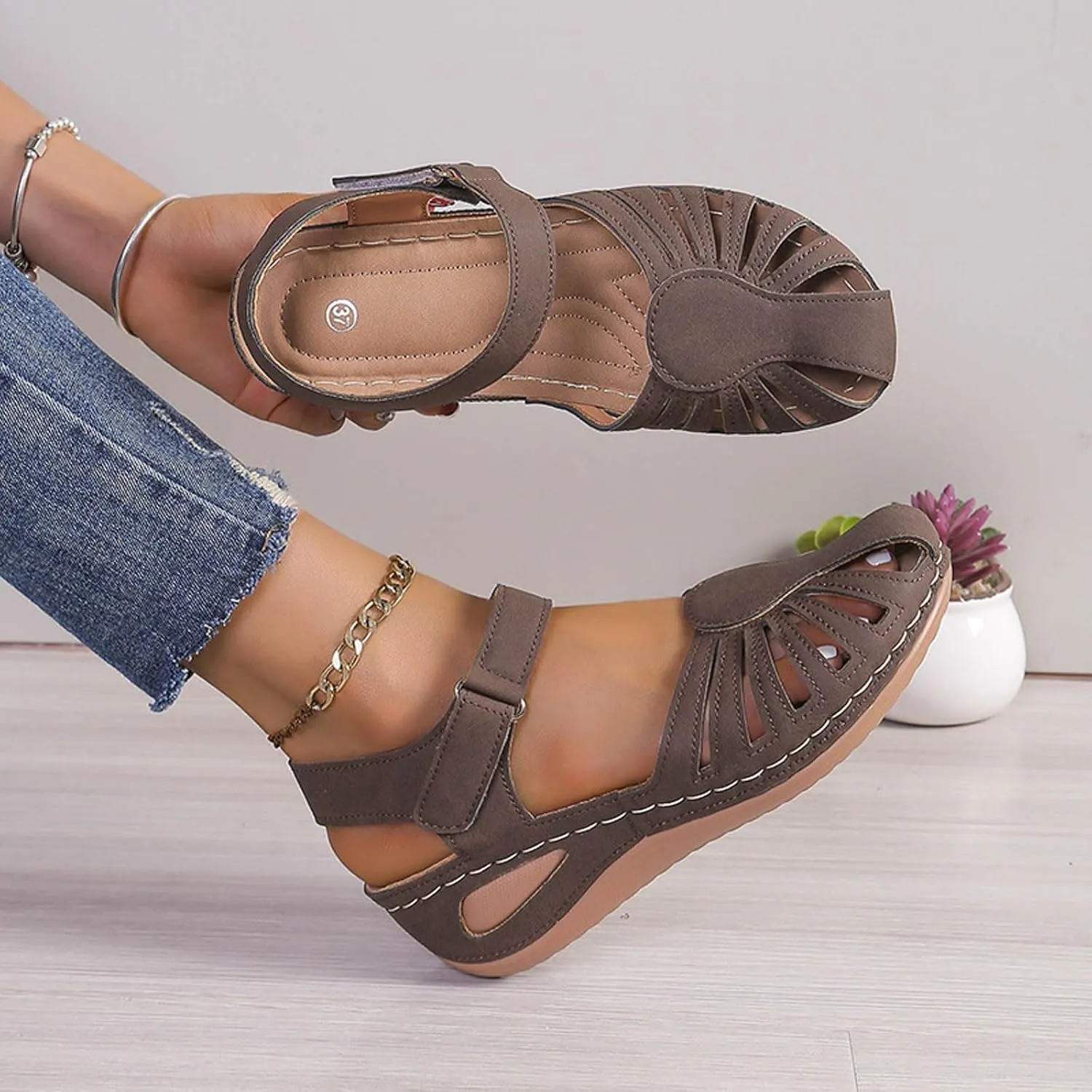 Women Close Toe Walking Sandals Dress Summer Wedges Heels for Women Ankle Strap Orthopedic Sandals Hollow Beach Shoes