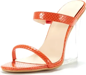 Women Double Strap Slip on Mule Shoes Clear Wedge Heel Slide Slippers Snake Skin Prints Sandal Orange