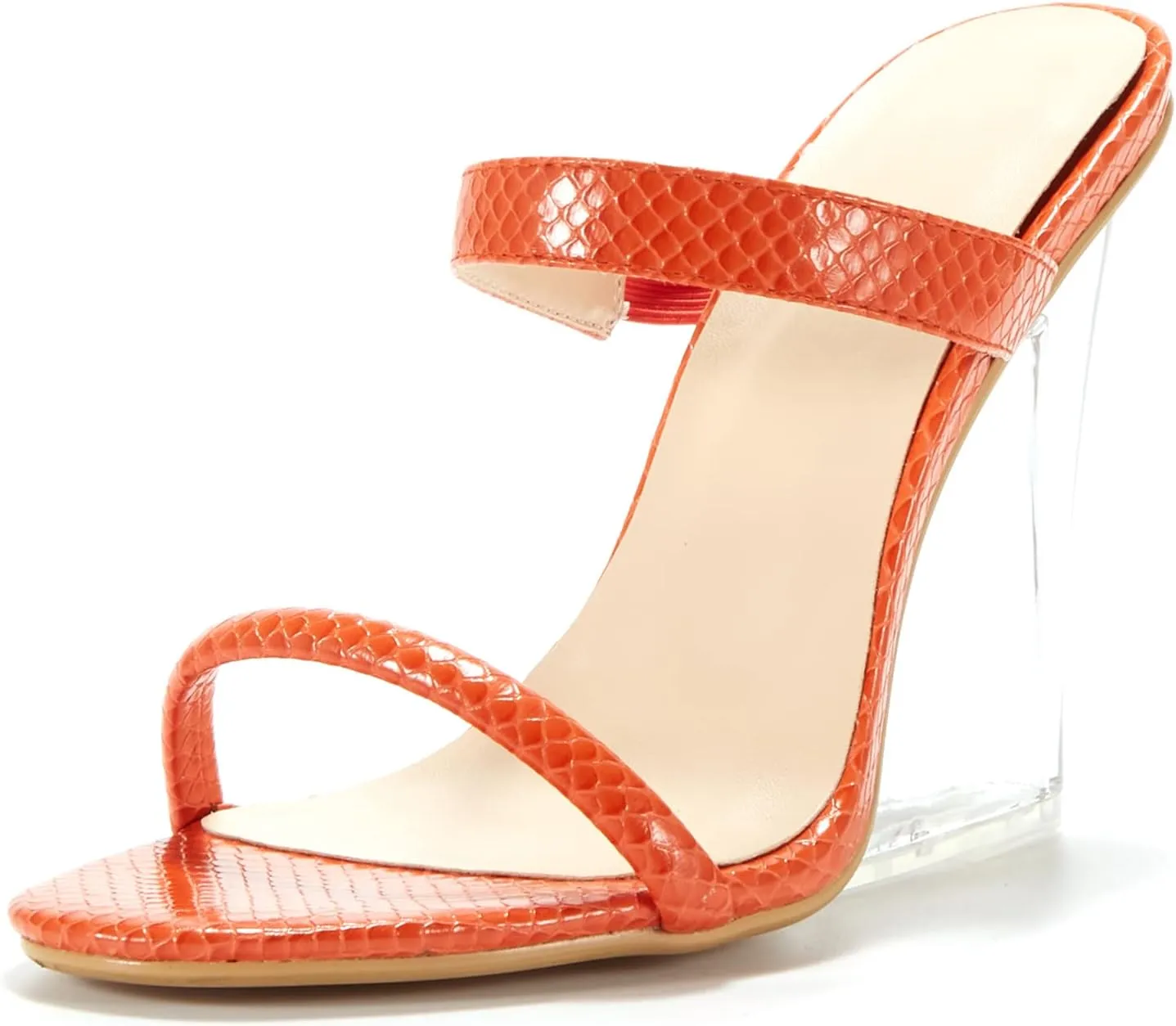 Women Double Strap Slip on Mule Shoes Clear Wedge Heel Slide Slippers Snake Skin Prints Sandal Orange