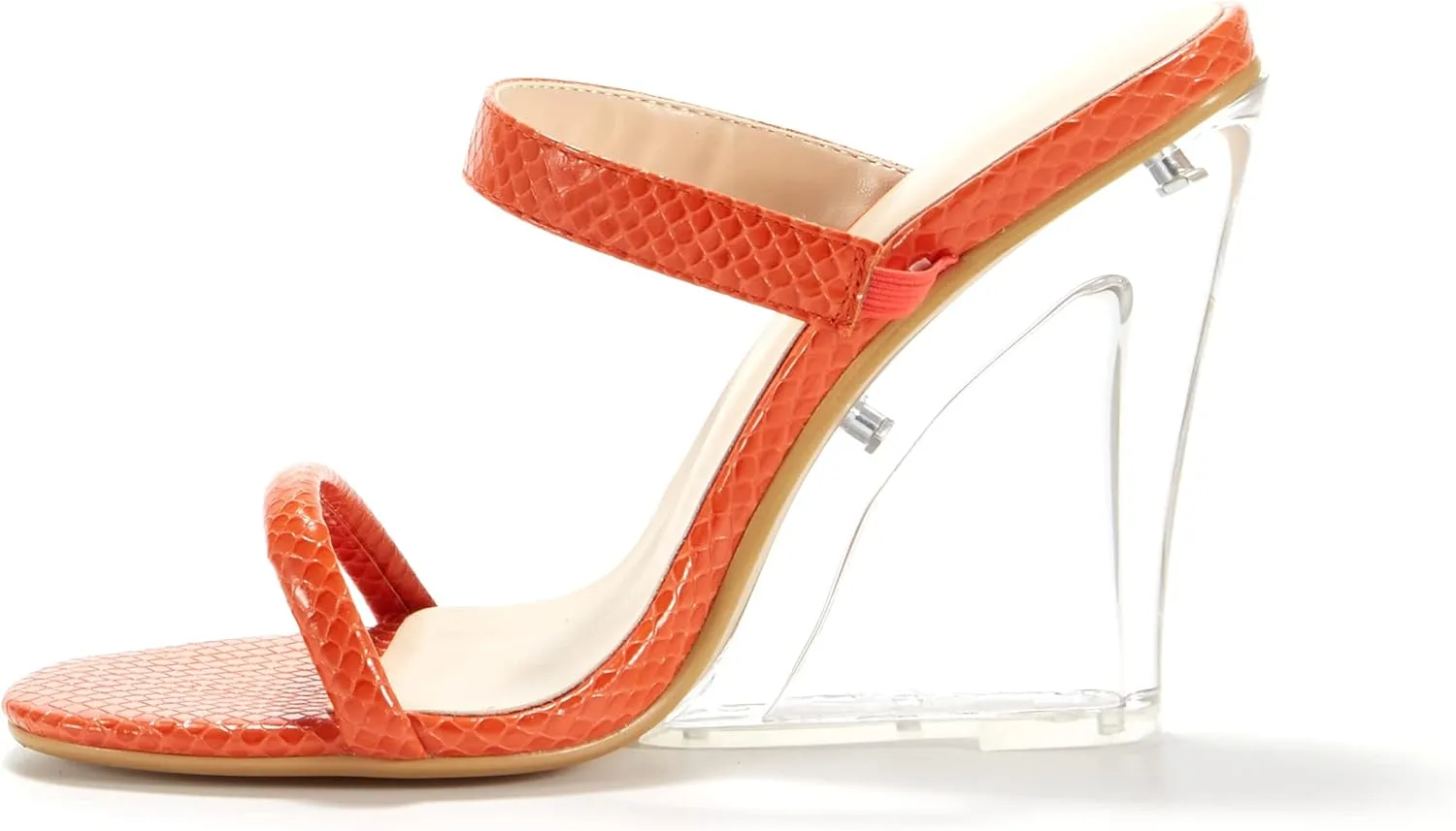 Women Double Strap Slip on Mule Shoes Clear Wedge Heel Slide Slippers Snake Skin Prints Sandal Orange