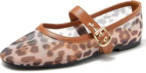Women Leopard Mesh Ballet Flats Round Toe Buckle Mary Jane Flat Comfortable Casual Ballerina Shoes
