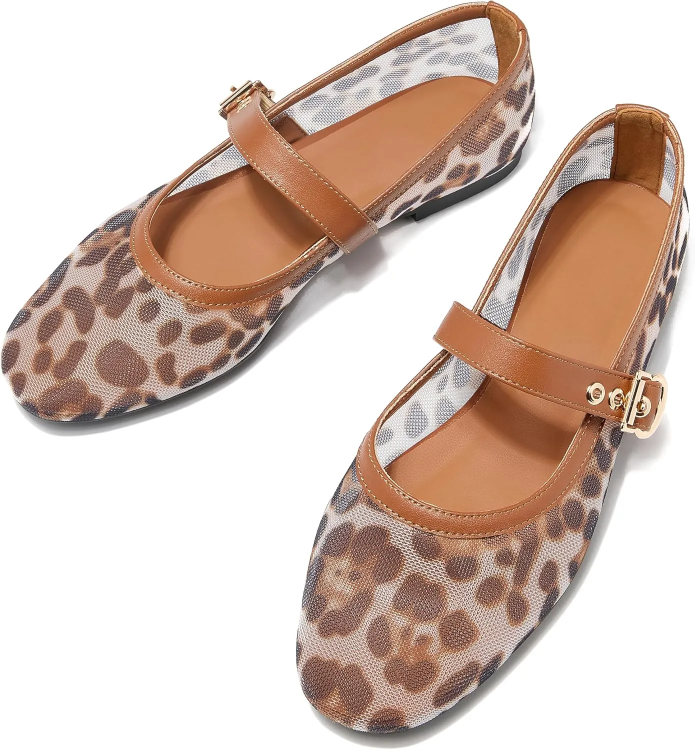 Women Leopard Mesh Ballet Flats Round Toe Buckle Mary Jane Flat Comfortable Casual Ballerina Shoes
