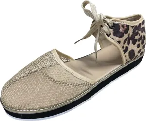 Women Leopard Print Platform Sandals Fashion Breathable Mesh Cutout Lace Up Non Slip Sandals Summer Comfy Casual Shoes