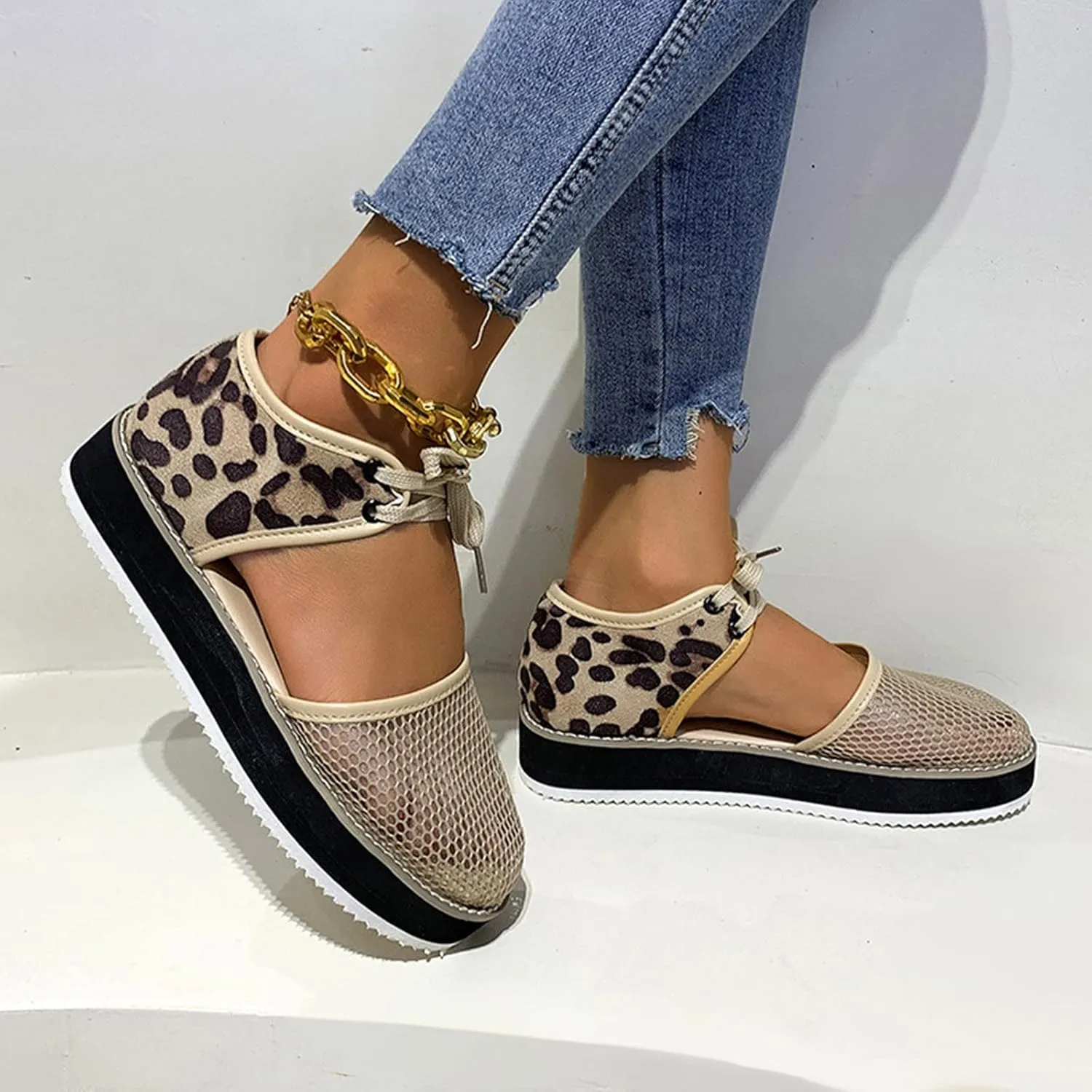 Women Leopard Print Platform Sandals Fashion Breathable Mesh Cutout Lace Up Non Slip Sandals Summer Comfy Casual Shoes