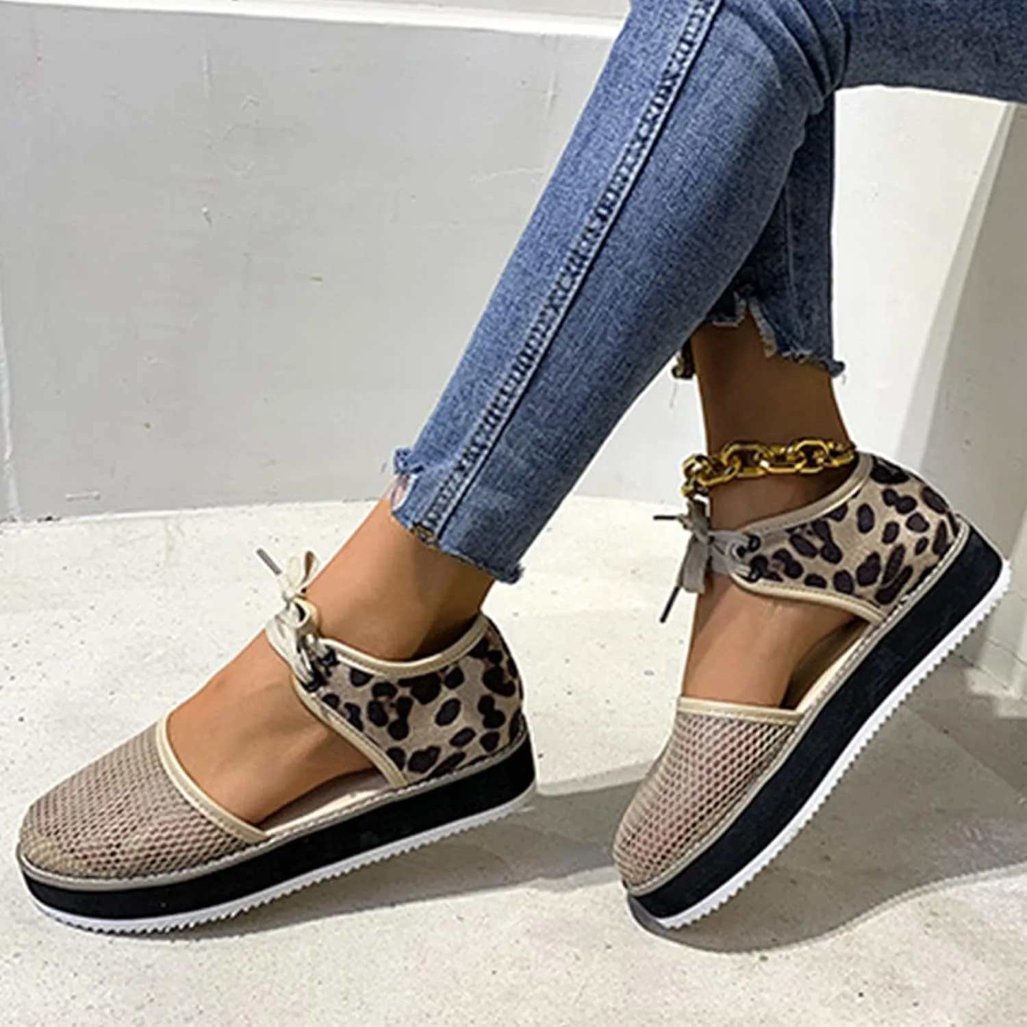 Women Leopard Print Platform Sandals Fashion Breathable Mesh Cutout Lace Up Non Slip Sandals Summer Comfy Casual Shoes