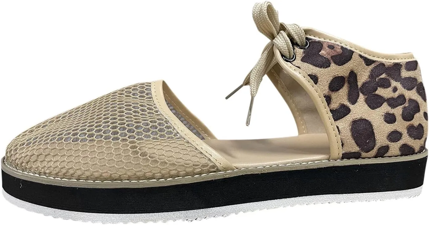 Women Leopard Print Platform Sandals Fashion Breathable Mesh Cutout Lace Up Non Slip Sandals Summer Comfy Casual Shoes