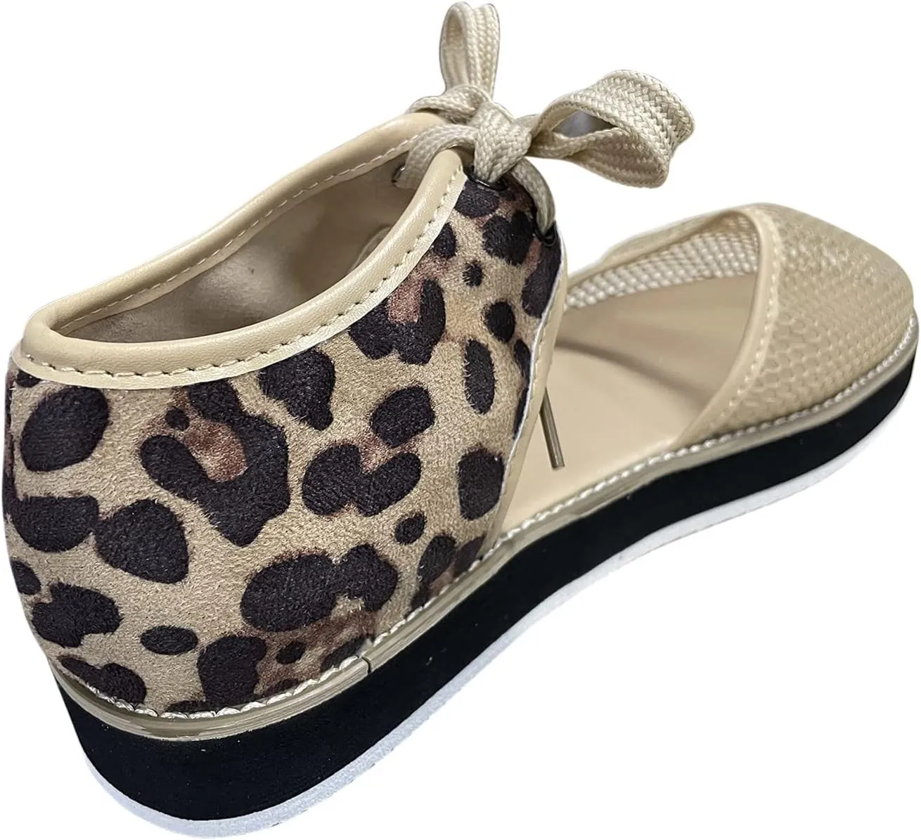 Women Leopard Print Platform Sandals Fashion Breathable Mesh Cutout Lace Up Non Slip Sandals Summer Comfy Casual Shoes