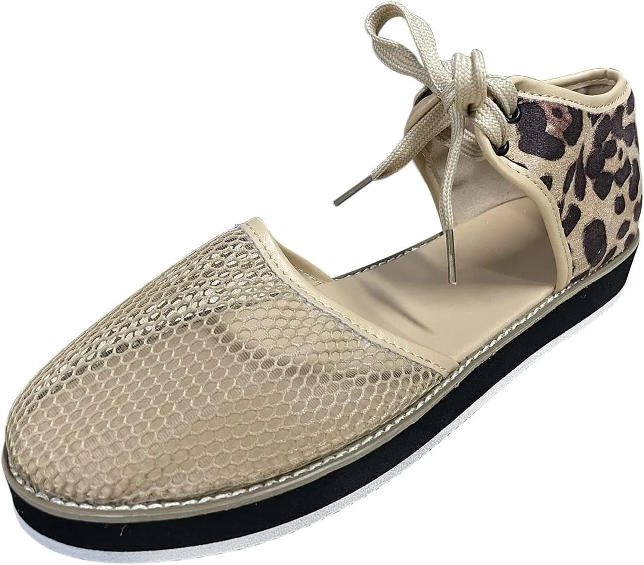 Women Leopard Print Platform Sandals Fashion Breathable Mesh Cutout Lace Up Non Slip Sandals Summer Comfy Casual Shoes
