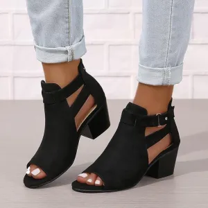Women Peep Toe Sandals Ankle Booties Chunky Heels Cutout Back Zipper Sandal Suede Side Ankle Strap Dress Western Shoes B-Black,9.5