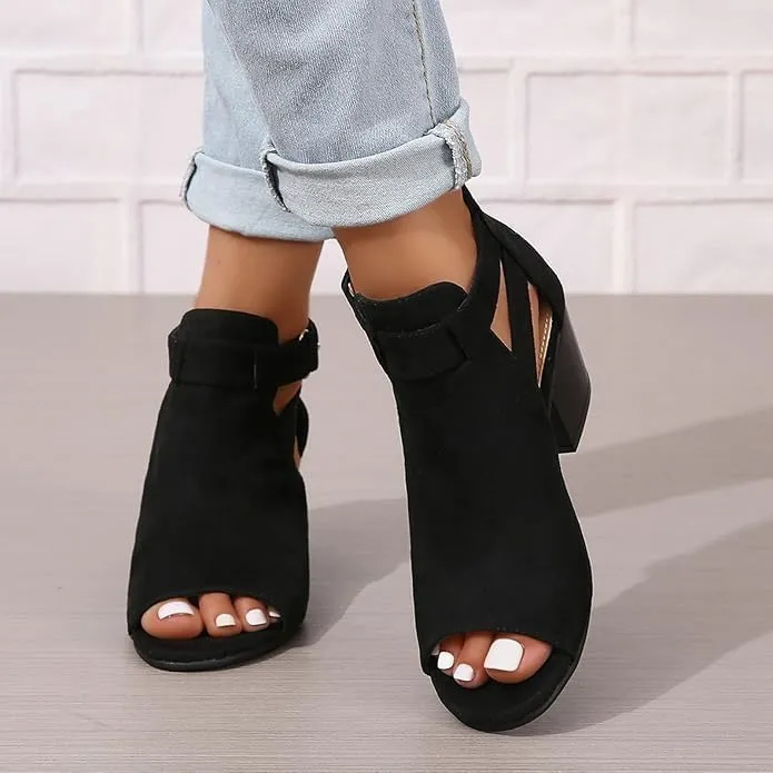 Women Peep Toe Sandals Ankle Booties Chunky Heels Cutout Back Zipper Sandal Suede Side Ankle Strap Dress Western Shoes B-Black,9.5