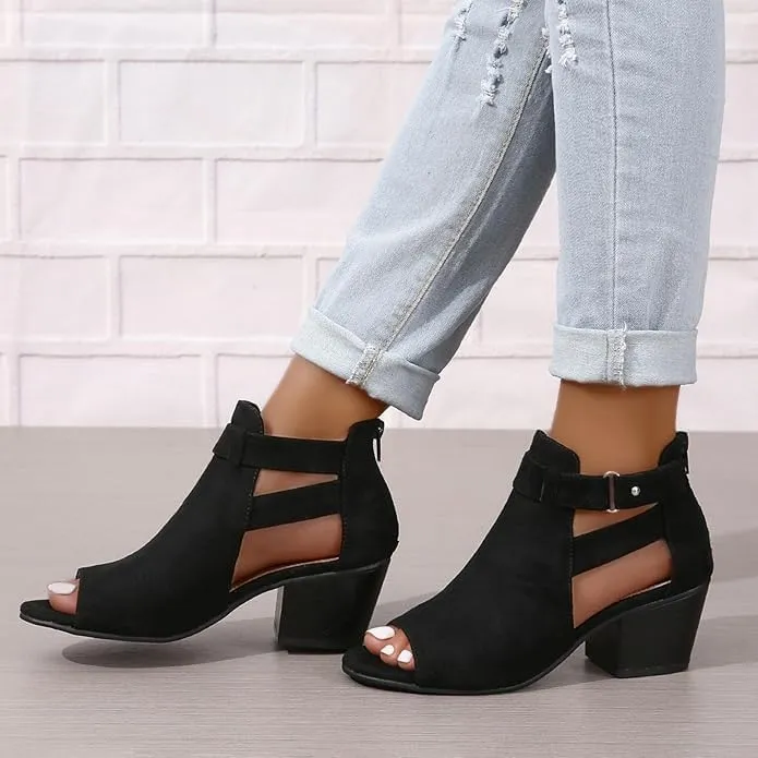 Women Peep Toe Sandals Ankle Booties Chunky Heels Cutout Back Zipper Sandal Suede Side Ankle Strap Dress Western Shoes B-Black,9.5