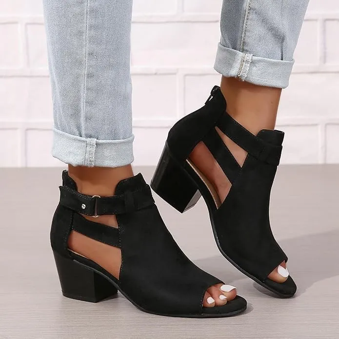 Women Peep Toe Sandals Ankle Booties Chunky Heels Cutout Back Zipper Sandal Suede Side Ankle Strap Dress Western Shoes B-Black,9.5