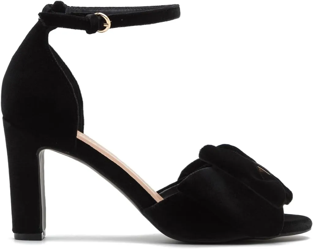 Women Satin Heeled Sandals with Bows Open Round Toe 3 Inch Chunky Block High Heels Dress Sandals Buckled Ankle Strap Peep Toe Vintage Dressy Bridal Wedding Party Office Summer Shoe 4-11 M US