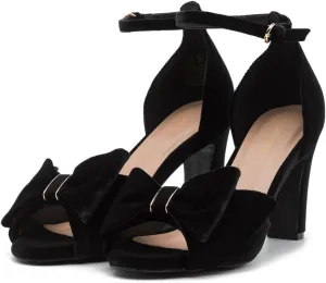 Women Satin Heeled Sandals with Bows Open Round Toe 3 Inch Chunky Block High Heels Dress Sandals Buckled Ankle Strap Peep Toe Vintage Dressy Bridal Wedding Party Office Summer Shoe 4-11 M US