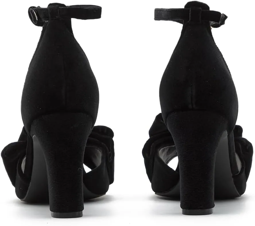 Women Satin Heeled Sandals with Bows Open Round Toe 3 Inch Chunky Block High Heels Dress Sandals Buckled Ankle Strap Peep Toe Vintage Dressy Bridal Wedding Party Office Summer Shoe 4-11 M US