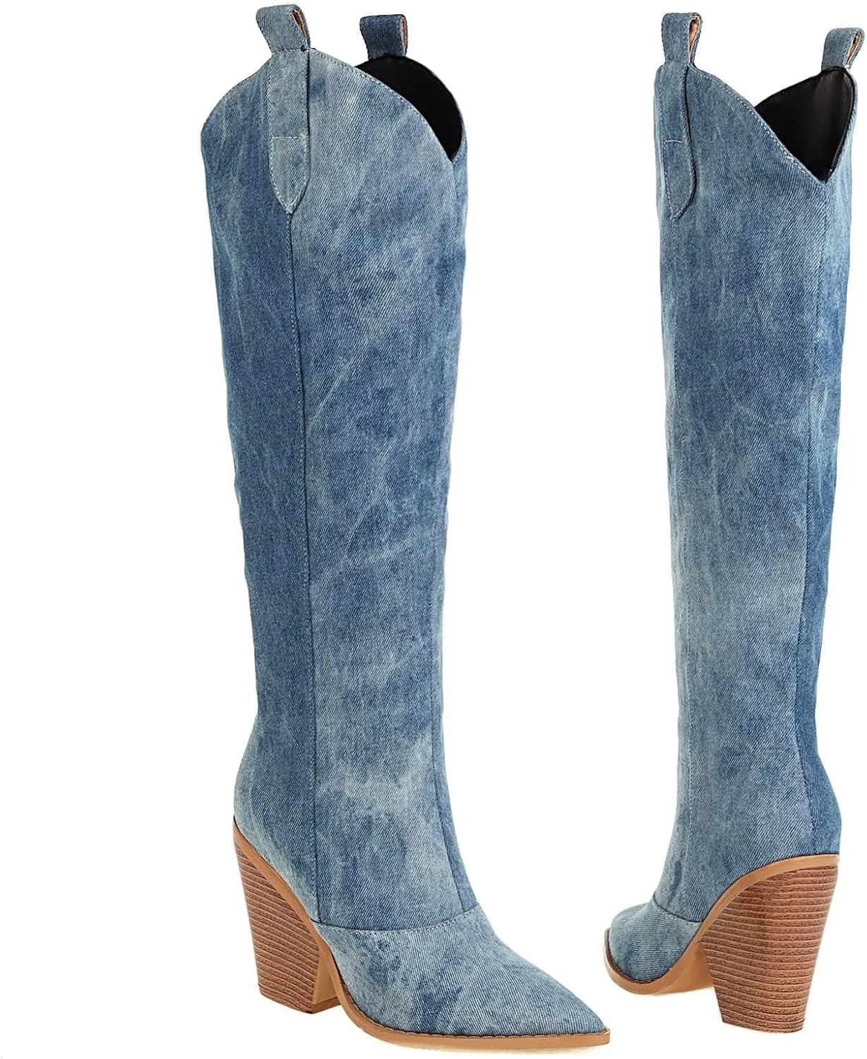 Women Western Boots Denim Knee High Chunky Heels Pointed Toe Cowgirl Boots Anti-Slip Combat Knee High Boots