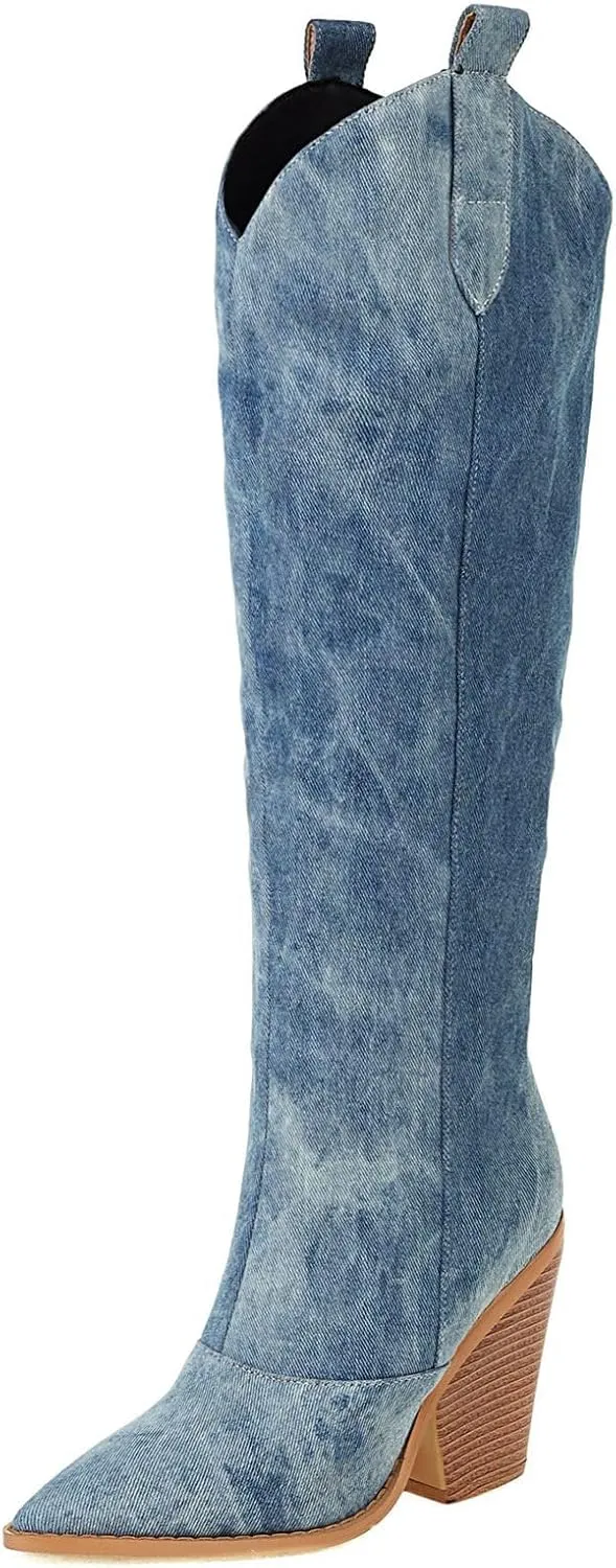 Women Western Boots Denim Knee High Chunky Heels Pointed Toe Cowgirl Boots Anti-Slip Combat Knee High Boots