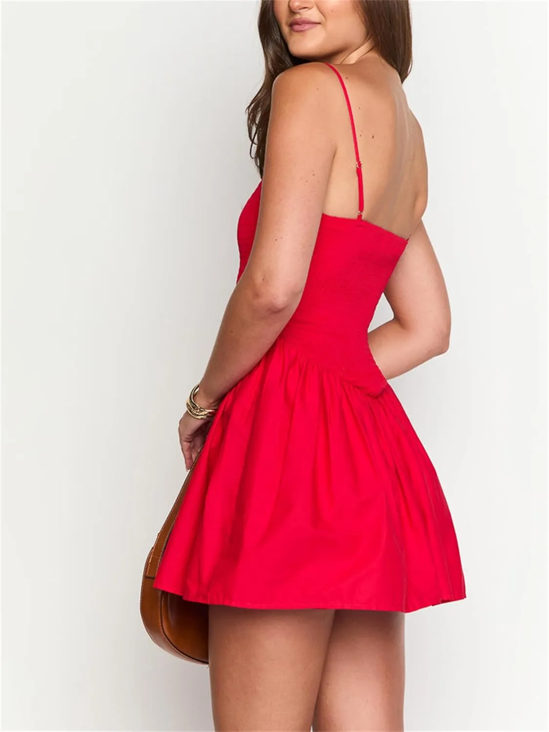 Women Y2K Fairycore Mini Dress Smocked Ruffle Spaghetti Strap Flowy Dress Solid Color Clean Fit Summer Streetwear