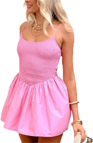 Women Y2K Fairycore Mini Dress Smocked Ruffle Spaghetti Strap Flowy Dress Solid Color Clean Fit Summer Streetwear