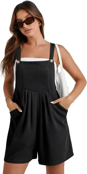 Women's 2025 Summer Casual Rompers Loose Waffle Knit Short Overalls Adjustable Strap Jumpsuit
