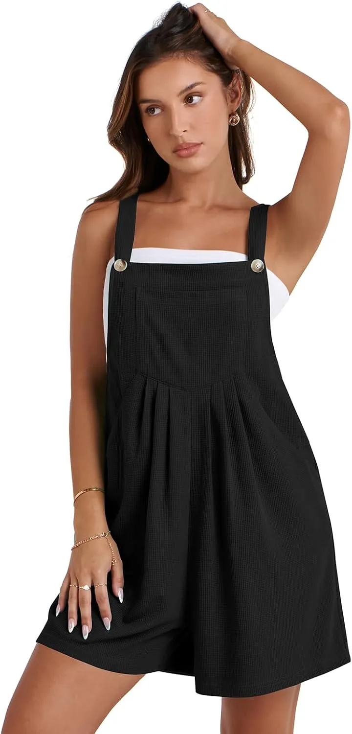 Women's 2025 Summer Casual Rompers Loose Waffle Knit Short Overalls Adjustable Strap Jumpsuit