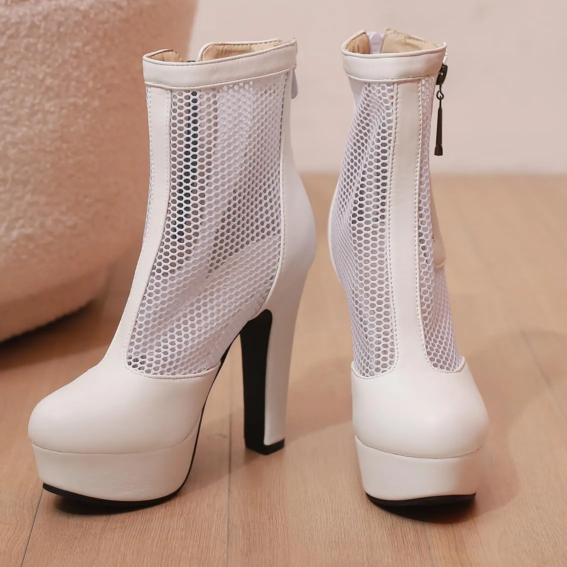 Women's Ankle Boots Mesh Platform Boots Chunky Block High Heel Sandals Round Toe Zipper Shoes