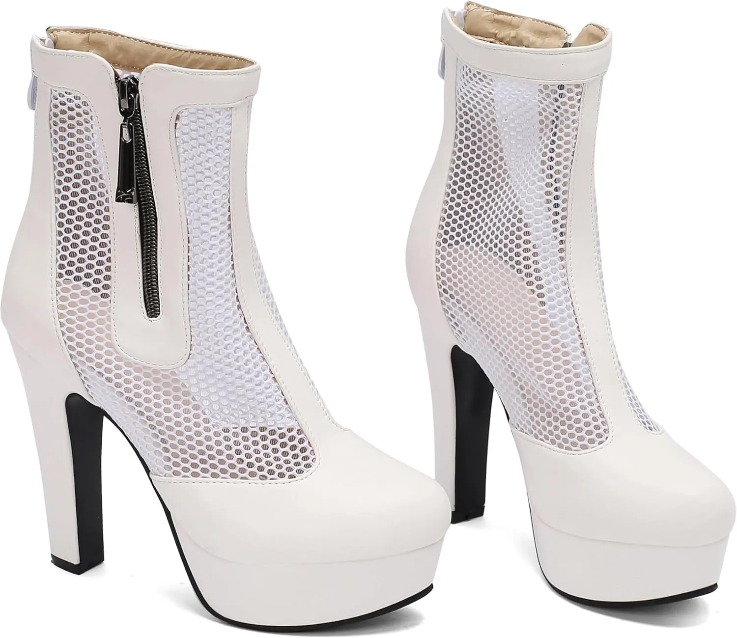 Women's Ankle Boots Mesh Platform Boots Chunky Block High Heel Sandals Round Toe Zipper Shoes