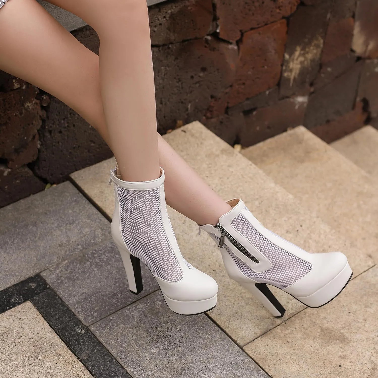 Women's Ankle Boots Mesh Platform Boots Chunky Block High Heel Sandals Round Toe Zipper Shoes