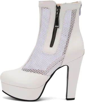 Women's Ankle Boots Mesh Platform Boots Chunky Block High Heel Sandals Round Toe Zipper Shoes