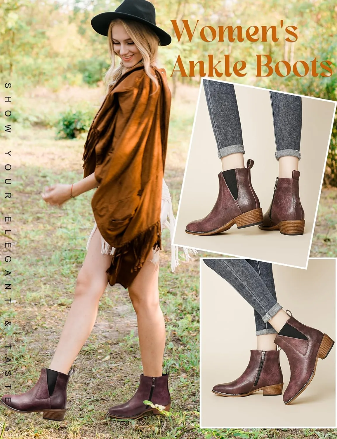 Women's Ankle Boots Mid-height Heels Chelsea Zipper Dressy Booties