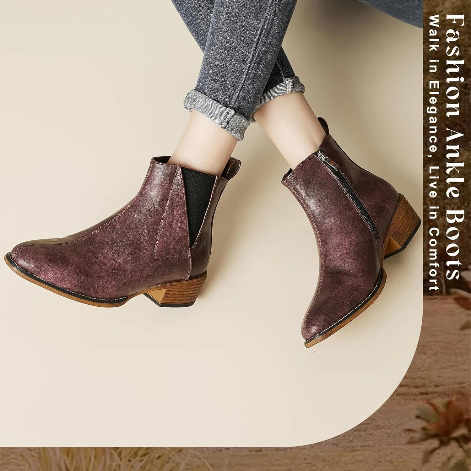 Women's Ankle Boots Mid-height Heels Chelsea Zipper Dressy Booties