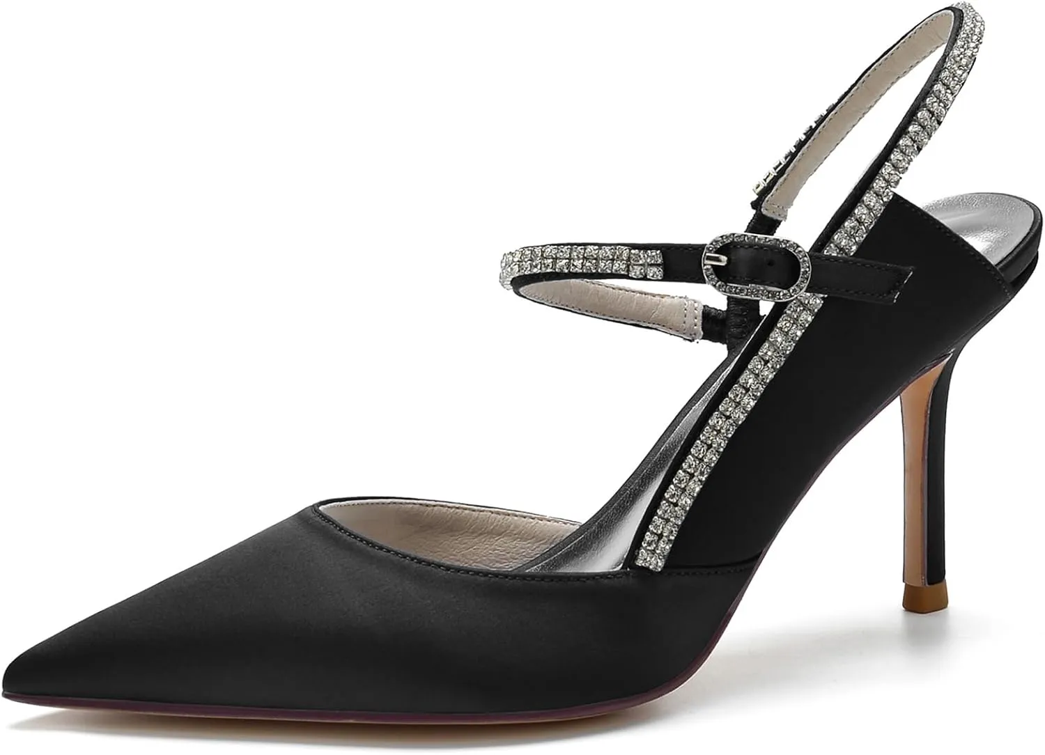 Women's Ankle Strap Prom Party Slingback Shoes Pumps Pointed Satin Wedding for Bride Comfortable Bridal Shoes with Crystal