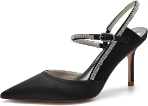 Women's Ankle Strap Prom Party Slingback Shoes Pumps Pointed Satin Wedding for Bride Comfortable Bridal Shoes with Crystal